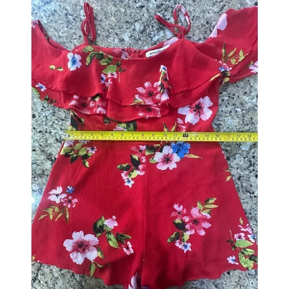 BOHO Summer Beach Tropical Red Floral Cold Shoulder Shorts Jumpsuit Size Medium
